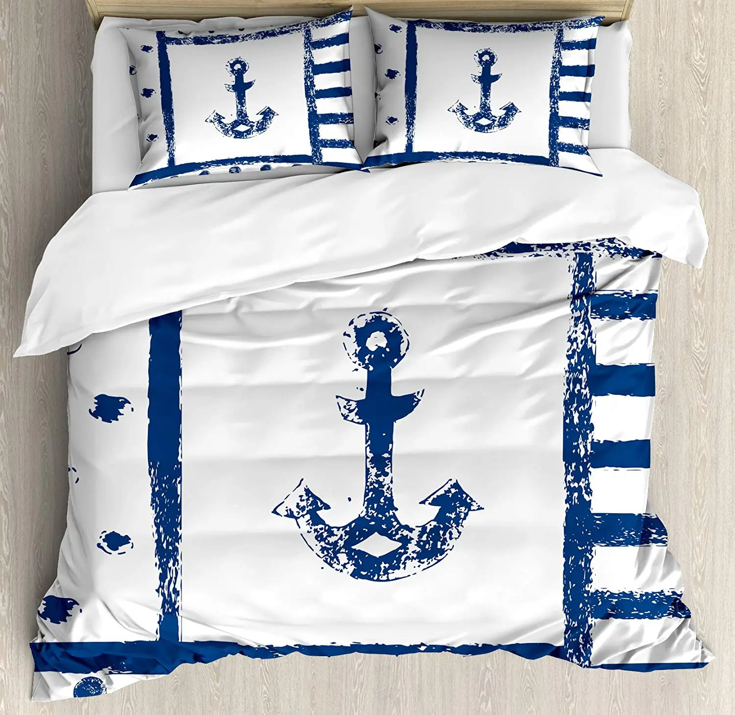 Anchor Duvet Cover Set Grunge Murky Boat Anchor Silhouette with Polka and Stripe Retro Navy Theme Art Decorative 3 Piece Bedding