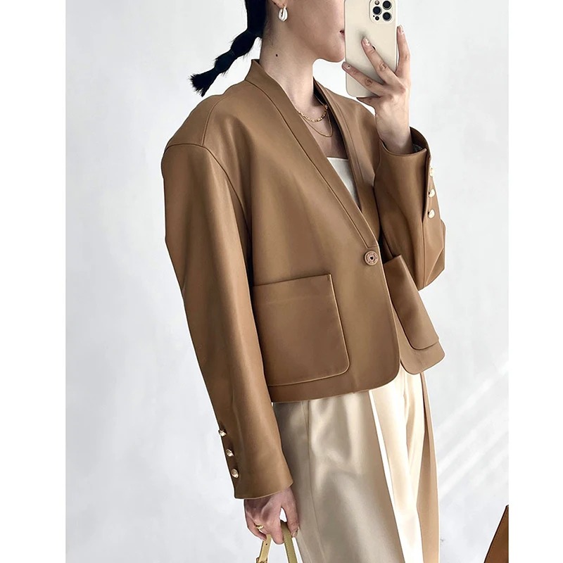 Chaqueta De cuero De piel De oveja auténtica para mujer, gabardina fina a la moda, chaqueta De cuero para mujer, pantalones cortos De tendencia vintage