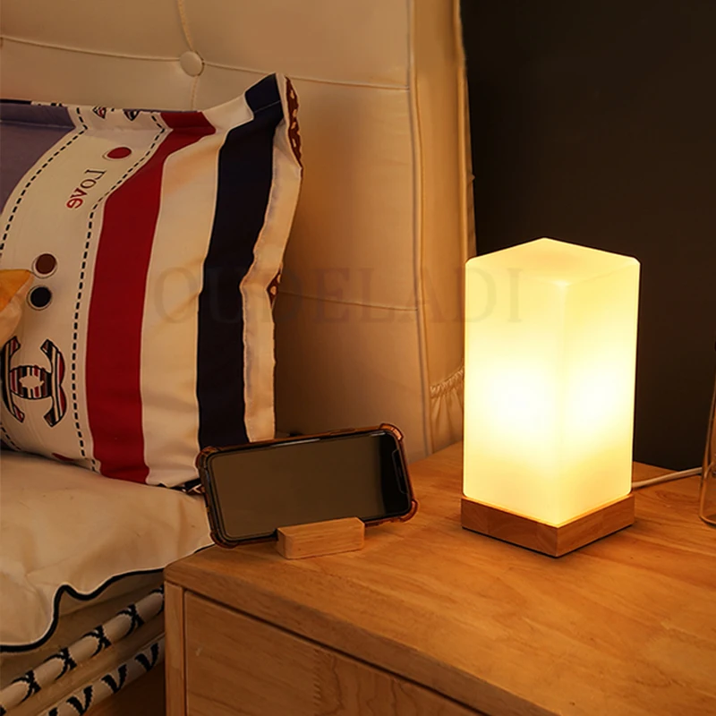 Modern bedroom table lamp solid wood glass night light warm E27 living room desk bedside lamp creative simplicity