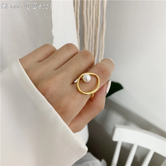 Titanium Geo Cutout Shell Pearl  Statement Rings Punk Party Designer Club Cocktail Party Ins Rare Elegance Fashion