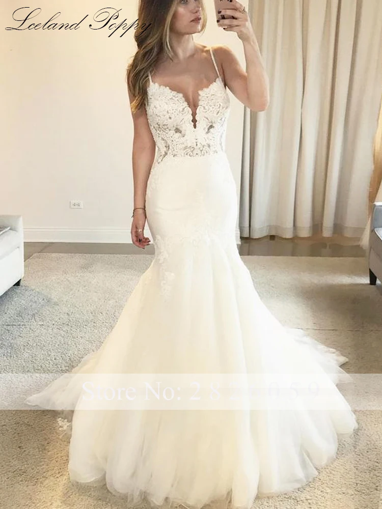 Lceland-vestidos de novia de sirena, prenda Sexy con tirantes finos, cuello en V, Espalda descubierta, Apliques de encaje