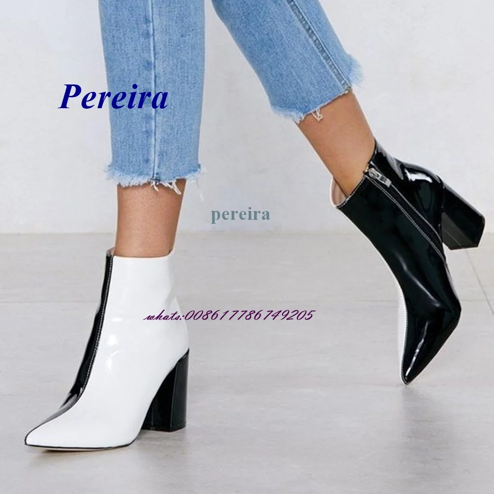 Pereira Faux Leather Two Tone Heeled Boots Pointed Toe Chunky Heel Ankle Boots Black and White Zip Patent Leather Women Shoes