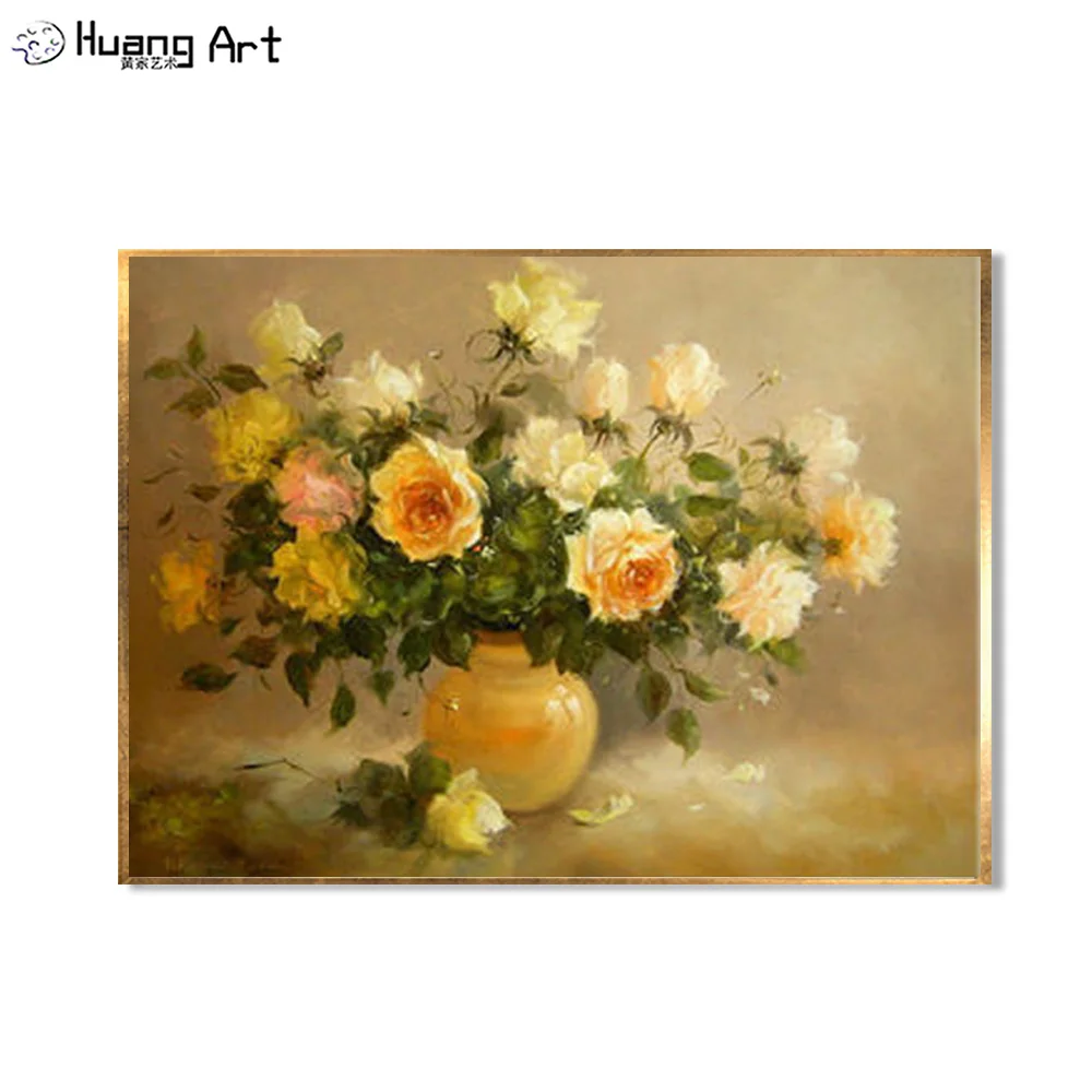 

Famous China Artist Pure Handmade Yellow Rose Oil Painting for Living Room Decor Flowers Wall Picture for Wedding Decoration Art