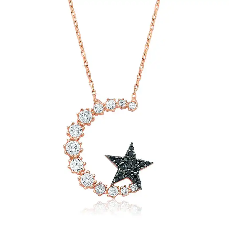 Silver Moon Star Women 'S Necklace Zircon Stone 925 Sterling Women Fine Jewelry Wedding Party Birthday Gift - Box - Pendant - Chain Choker - Female - Ladies - Fashion