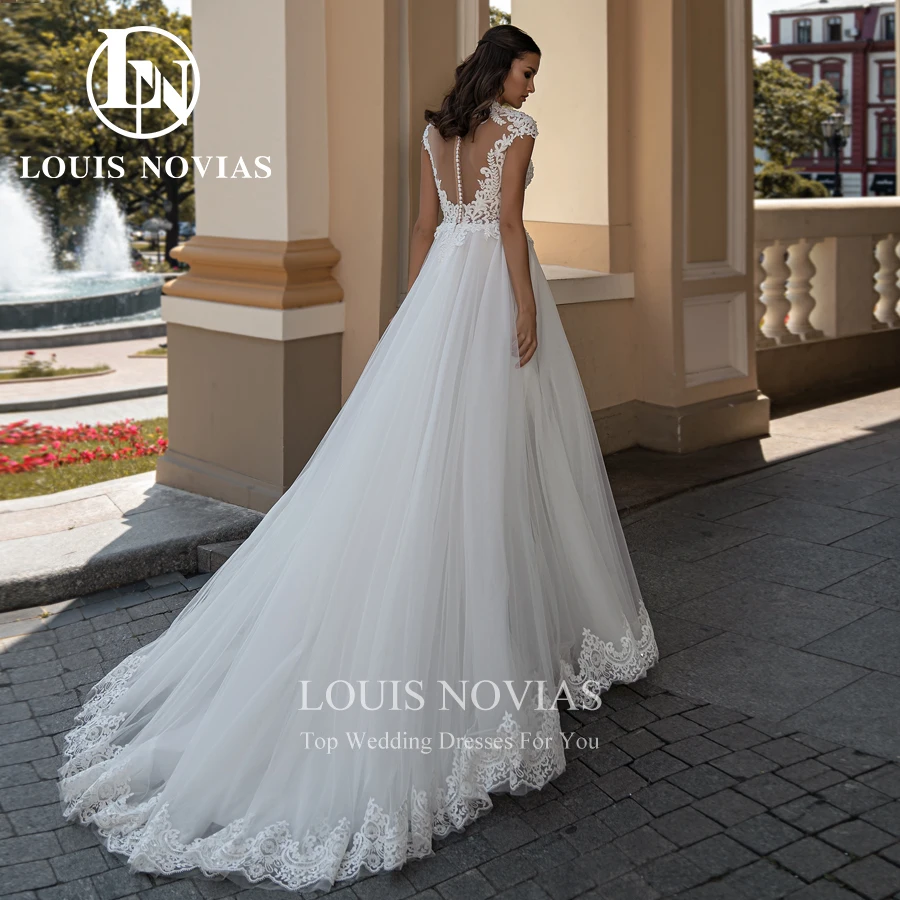 LOUIS NOVIAS A-Line Wedding Dress Sexy Gorgeous Beading O-Neck Draped Bridal Gown Semi-Transparent Embroidery Vestidos De Novia