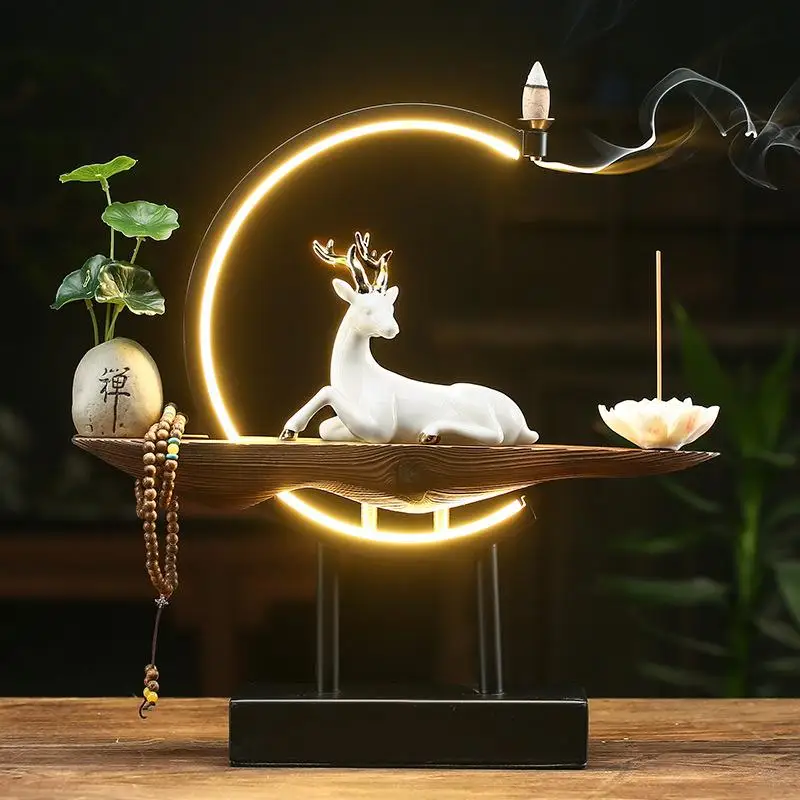 Buddhist Backflow Incense Burner Smoke Waterfall Censer Buddha Lotus White Deer Holder With Lamp Circle Home Decoration