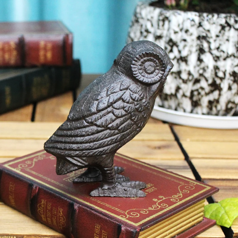 Antique Black Cast Iron Standing Owl Statue European Vintage Country Accents Handmade Home Tabletop