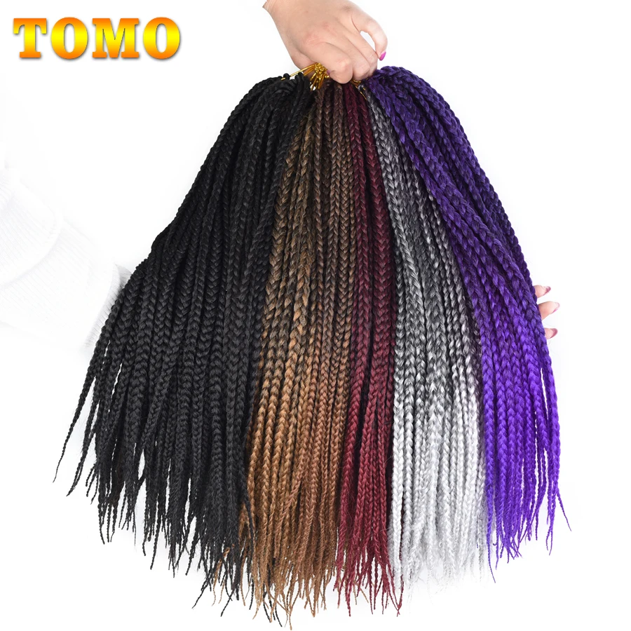 TOMO 3X Box Braids Crochet Hair Extensions 14 18 22 Inch Ombre Black Brown Long Synthetic Crochet Braiding Twist Hair 22 Strands