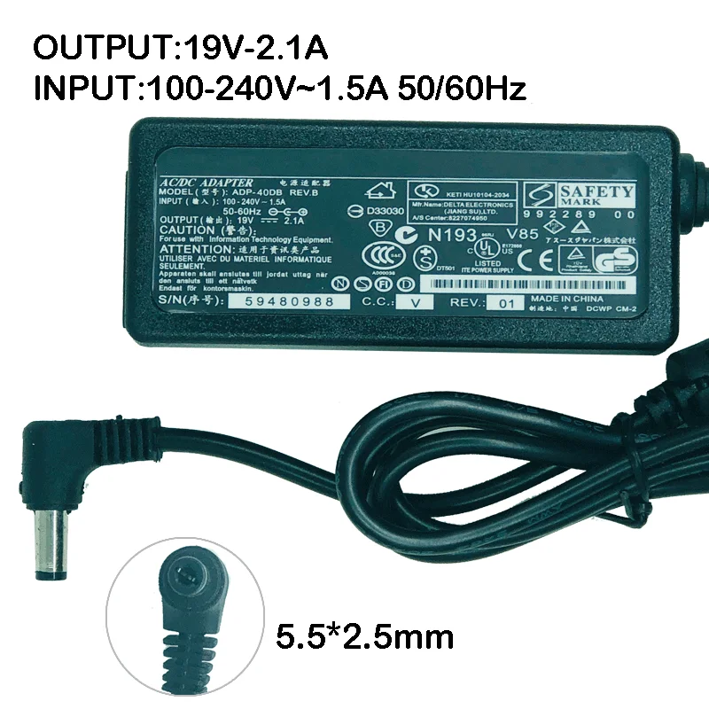 Adaptateur secteur 19V 2.l'autorisation 40W 5.5*2.5mm pour ASUS ADP-40KD BB VZ229 VZ0.25 VX229 Moniteur de bureau Chargeur de grotte