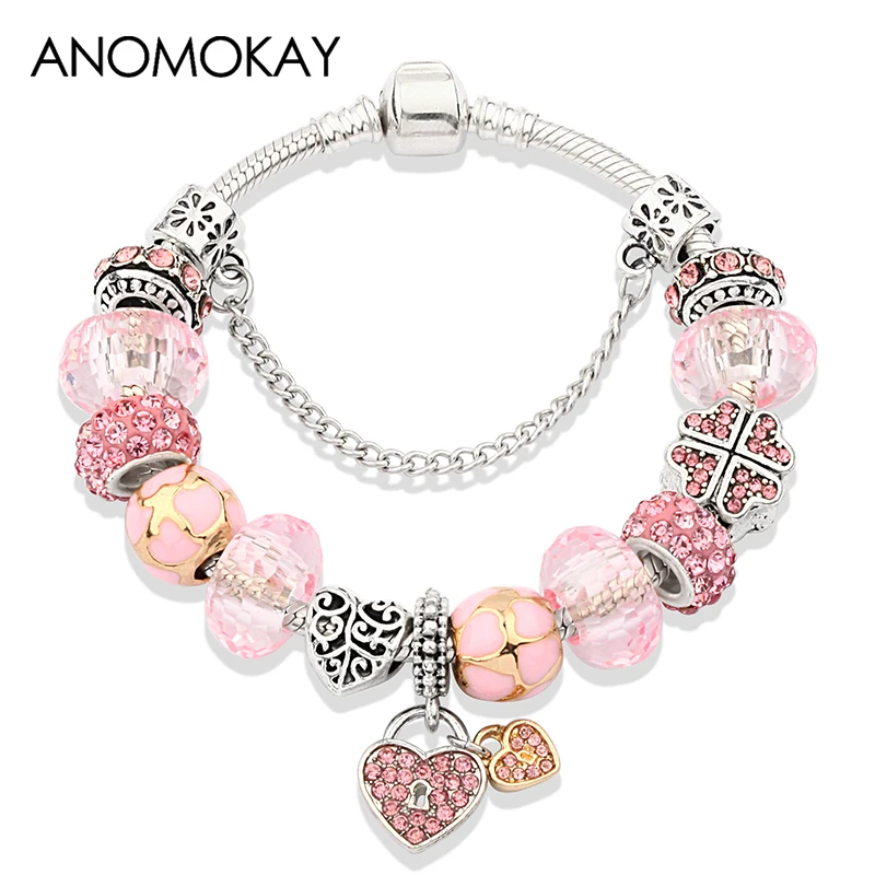 Dropshipping Hot Pink Heart Flower Crystal Charm Bracelets for Women Girl Gift Pendant Beads Bracelets Diy Jewelry Making