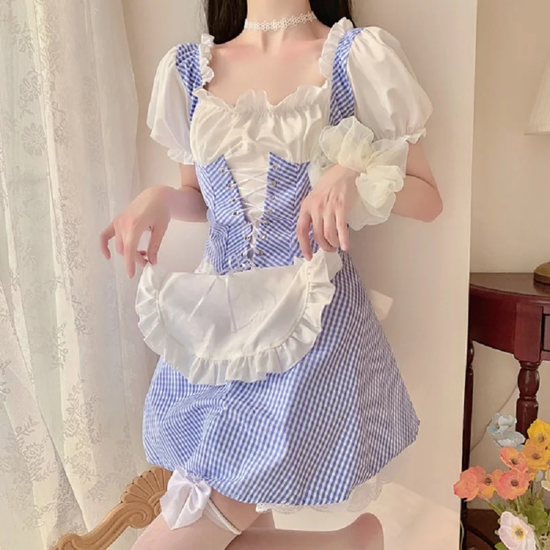 Doll blue grid child servant cos cute innocent cosplay dress