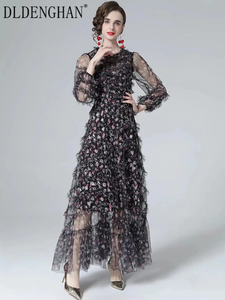 DLDENGHAN Fashion Designer Summer Mesh Maxi Dress Women O-Neck Lantern Sleeve Flower Print  Cascading Ruffle Bohemian Long Dress