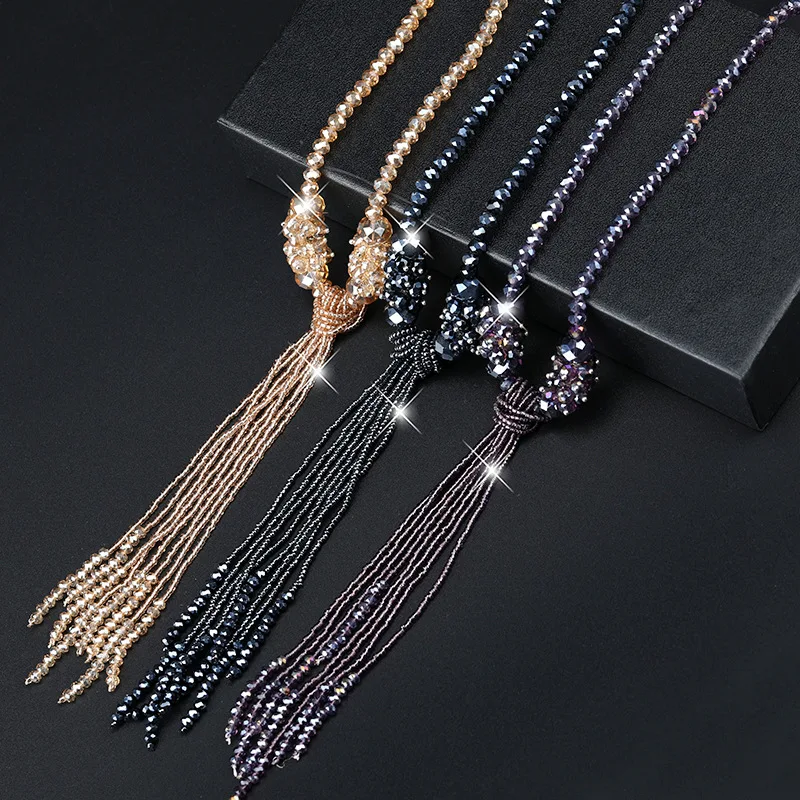 New Women Graceful Crystal Beads Strand Necklace Fashion Joker Long Tassel Sweater Chain Kpop Big Name Jewelry