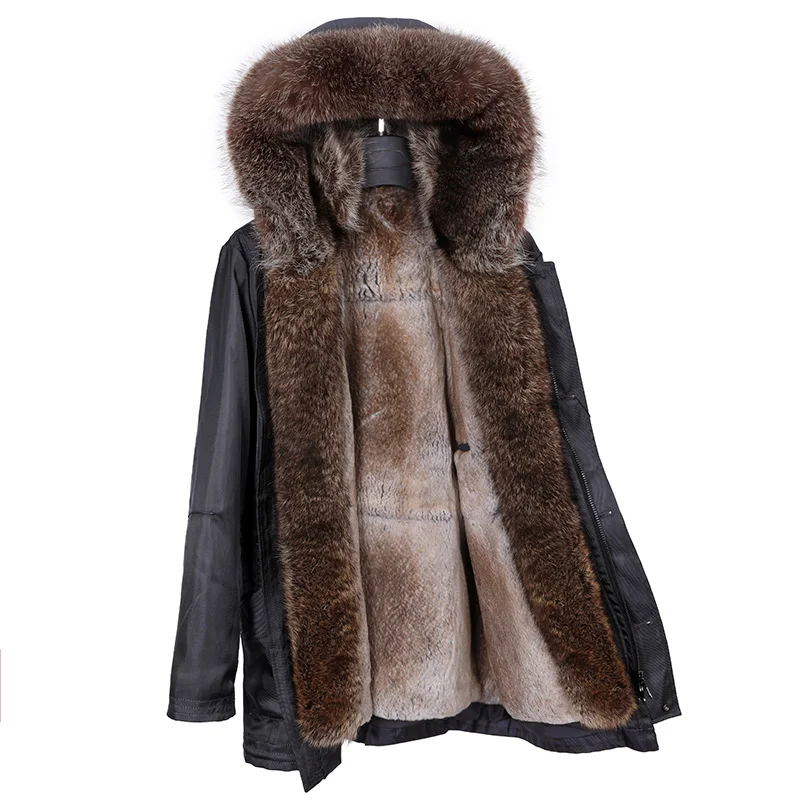 Manteau à capuche mi-long pour hommes, doublure en fourrure de lapin, tarte superposée, col en fourrure de raton laveur, nouvelle collection 2020