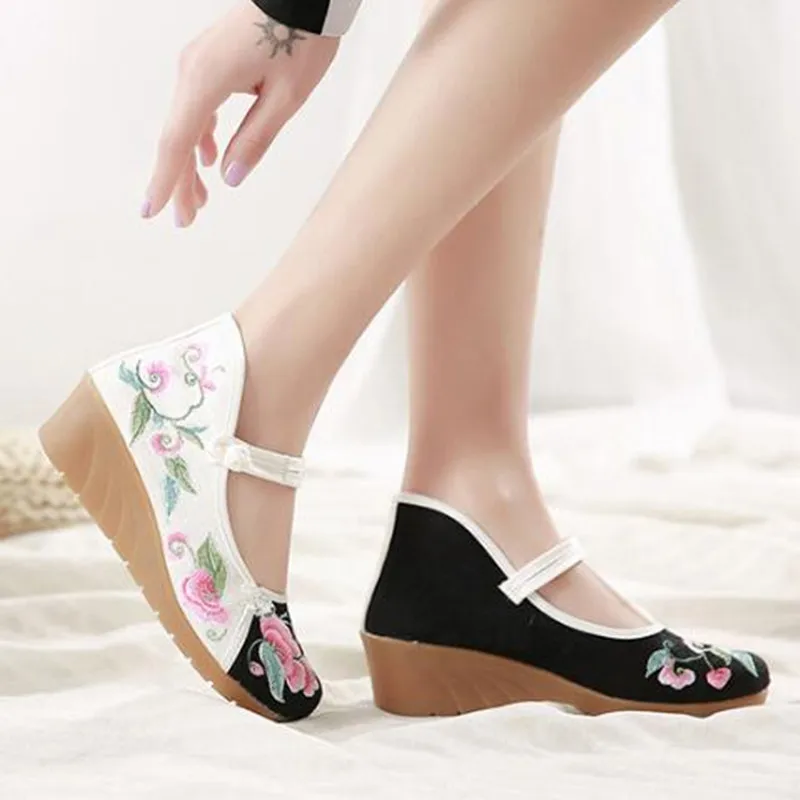 Spring Ladies Floral Embroidered Wedges Pumps Woman Ethnic Mary Jane Dress Shoes Summer Cover Heel Sandals Casual Espadrilles