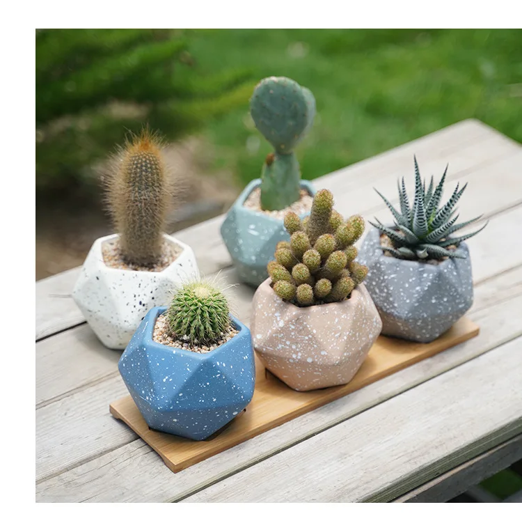 Succulent Flowerpot Nordic Creative Diamond-shaped Flower Pot With Wood Tray Flower Potted Desktop Garden Decor Flower Vase