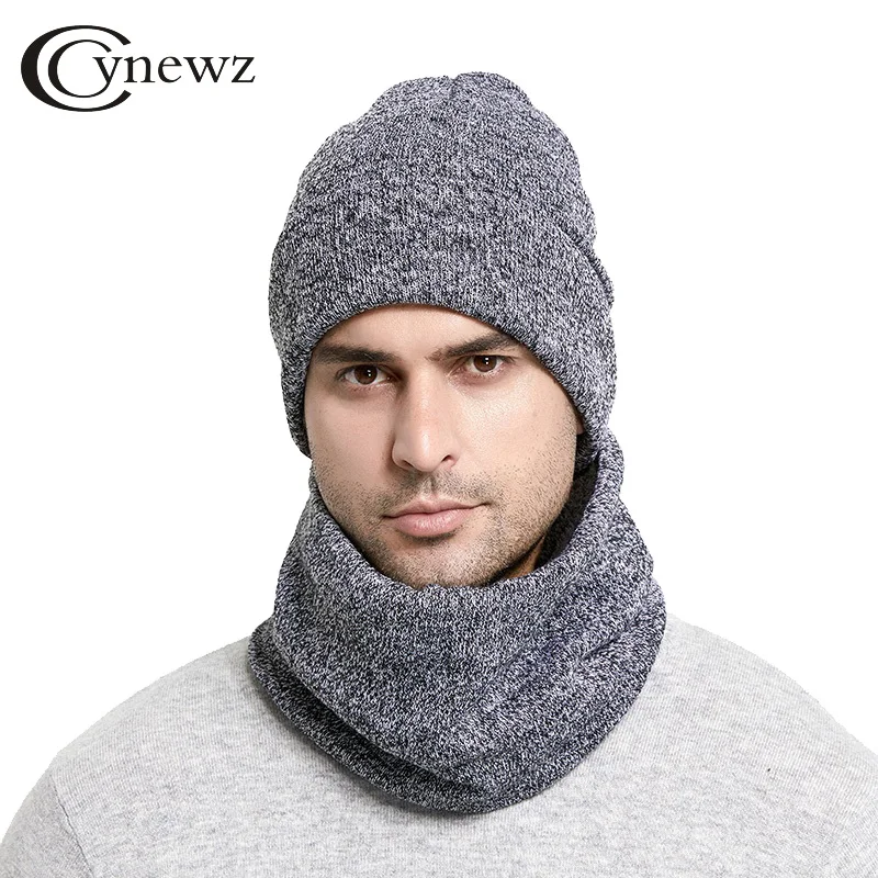 Winter Men Hats Scarf Set Keep Warm Thick Knitted Caps Winter Accessories Male Beanie Scarf Autumn Thicken Hedging Cap