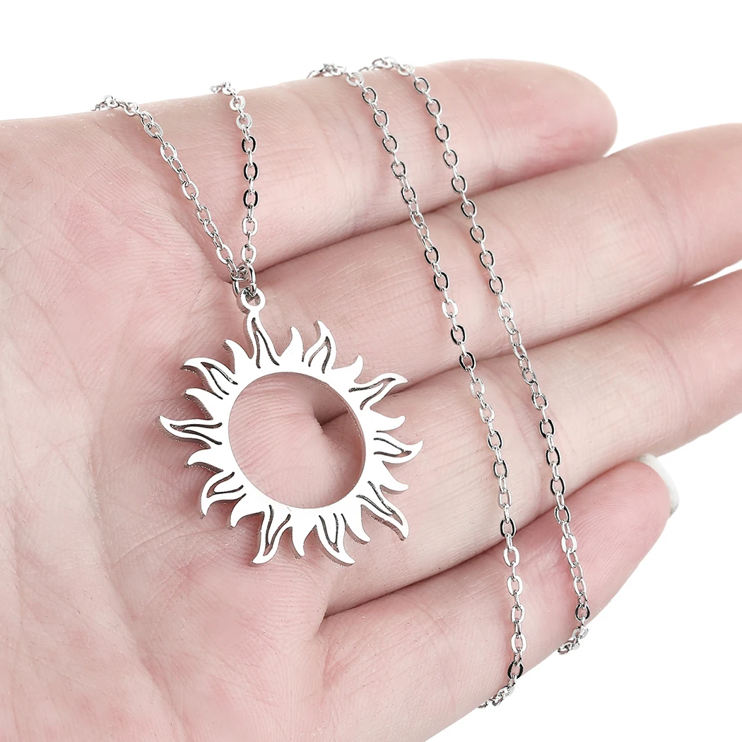 CHENGXUN Hollow Sun Face Circle Pendant Necklace for Women Girls Stainless Steel Laser Cut Tribal Sun Charm Chain Party Jewelry