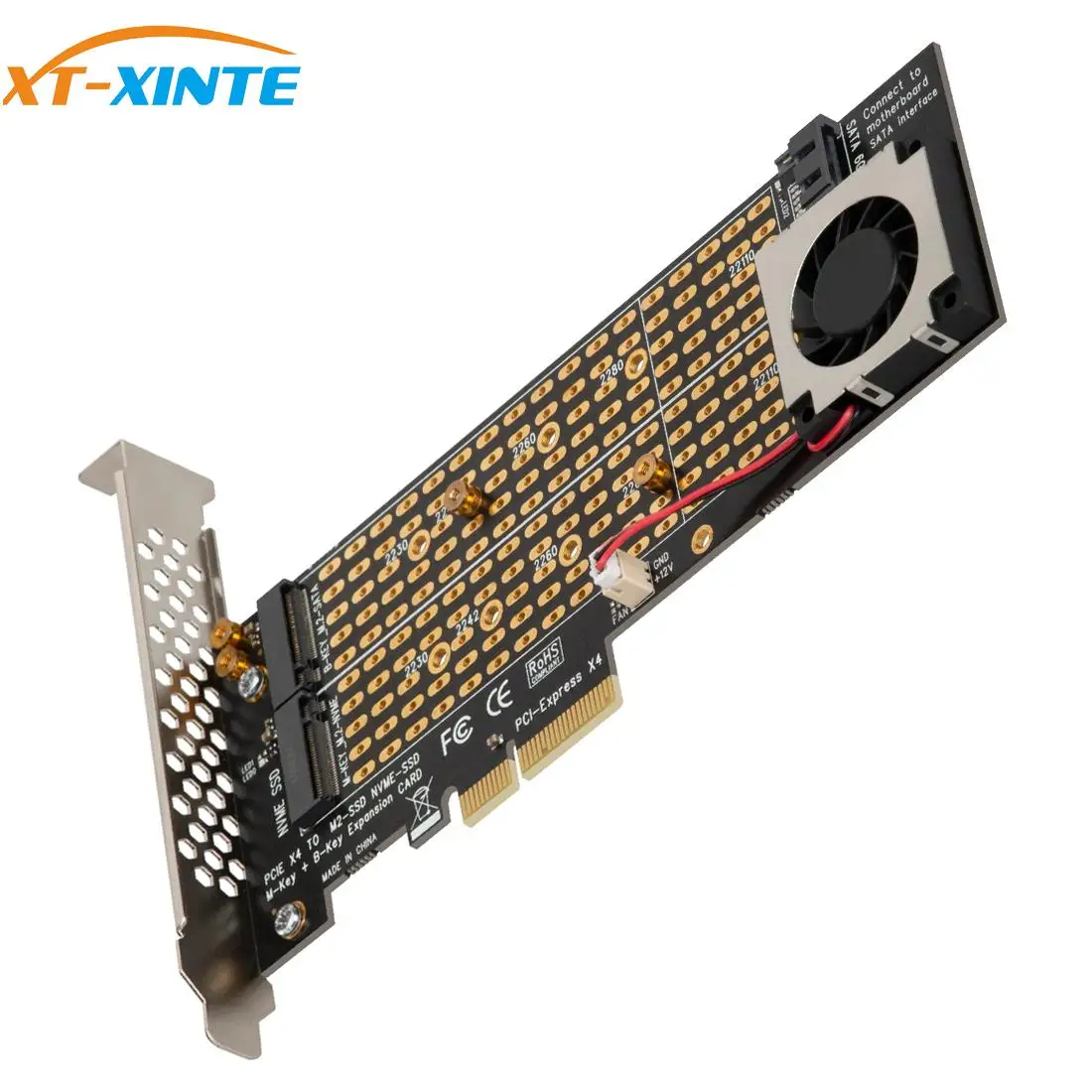 

M.2 for NVMe SSD for NGFF with SATA Cable TO PCIE3.0 X4 4X Adapter M Key B KEY Dual Port Card PCI-E3.0 with Fan Cooler