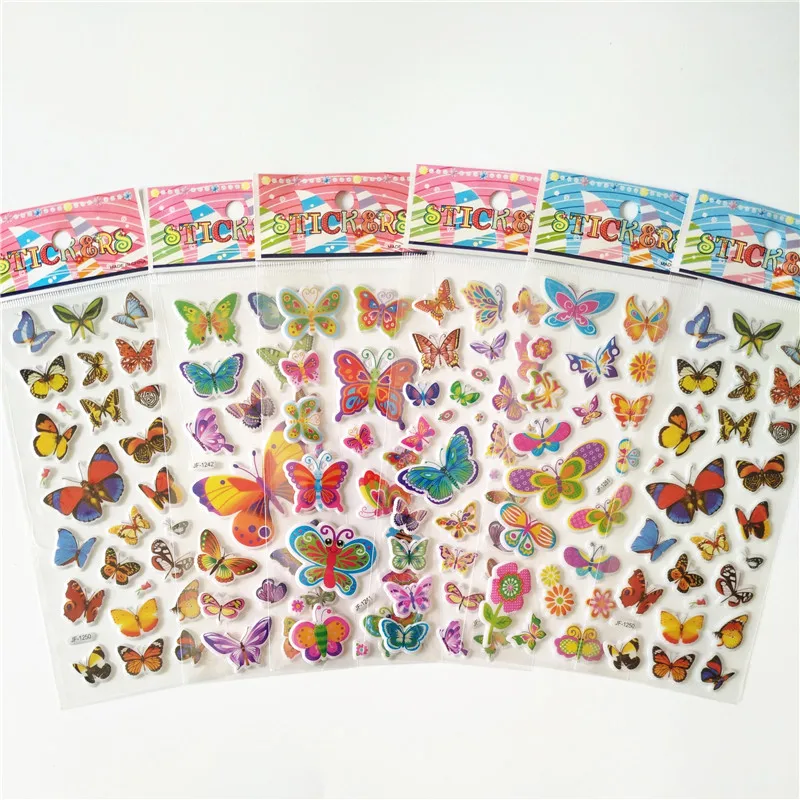 Pegatinas de mariposa multicolor para niños, juguetes de burbujas hinchadas, dibujos animados bonitos, gran oferta, 6 hojas