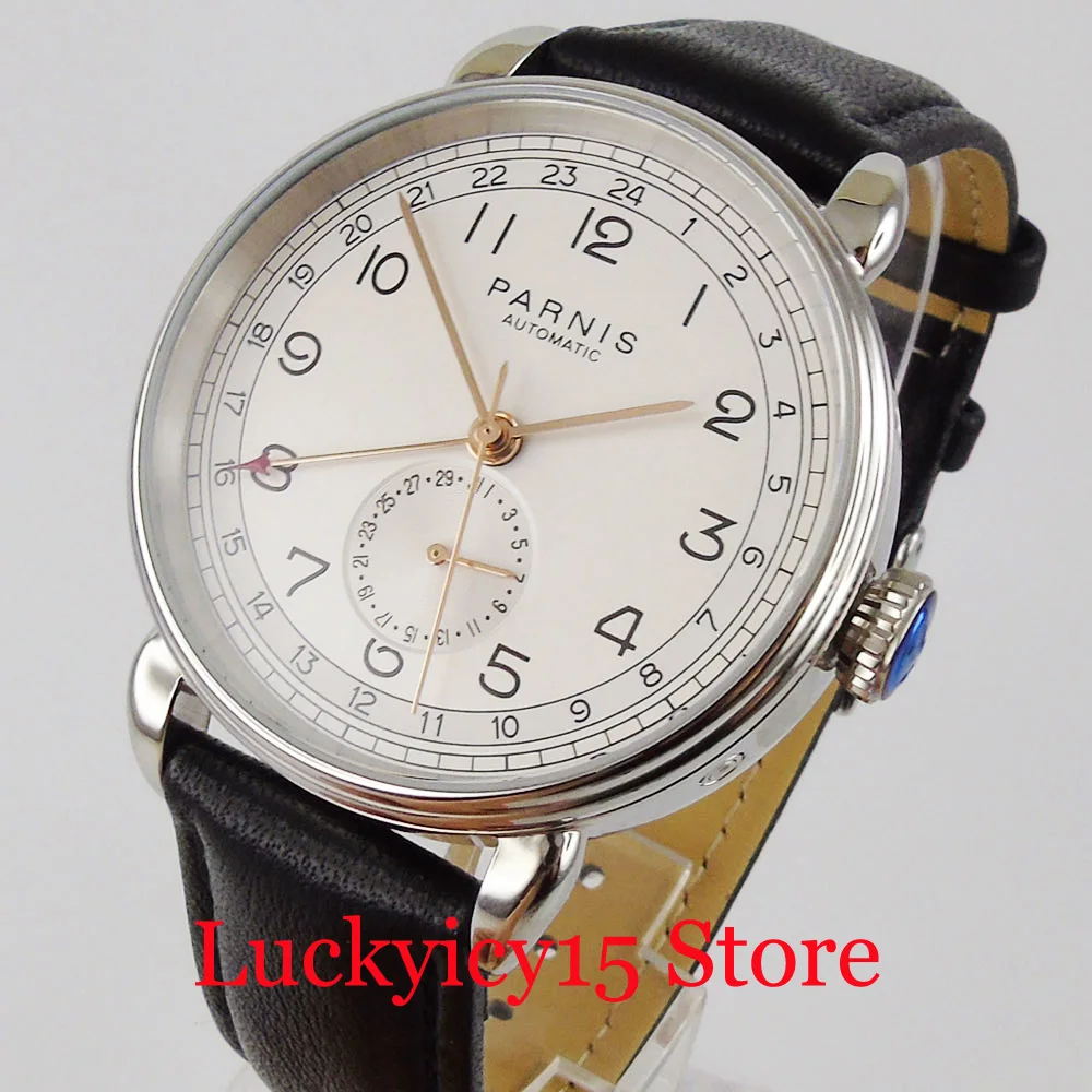 PARNIS Round GMT Men Wristwatch Self Winding Movement Rose Gold Marks Leather Strap Date Sub Dial Seeing Backcover