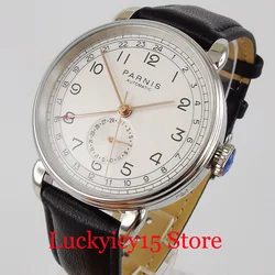 PARNIS Round GMT Men Wristwatch Self Winding Movement Rose Gold Marks Leather Strap Date Sub Dial Seeing Backcover