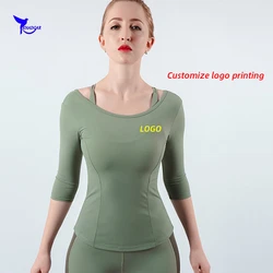 2020 Quick Dry Elastic Women Cross Back Yoga Shirts 3/4 Sleeve Fitness Gym Sportswear Tops Femme Running T Shirt Jersey Custom