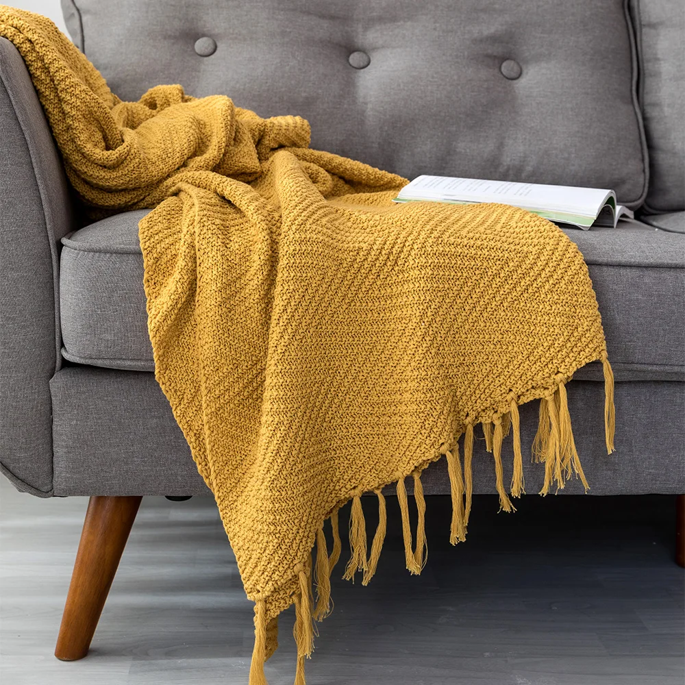 130X170CM Nordic Pure Color Knitted Blanket Blue Mustard Yellow Soft Tassel Sofa Blanket Rug Home Decoration Leisure Blankets