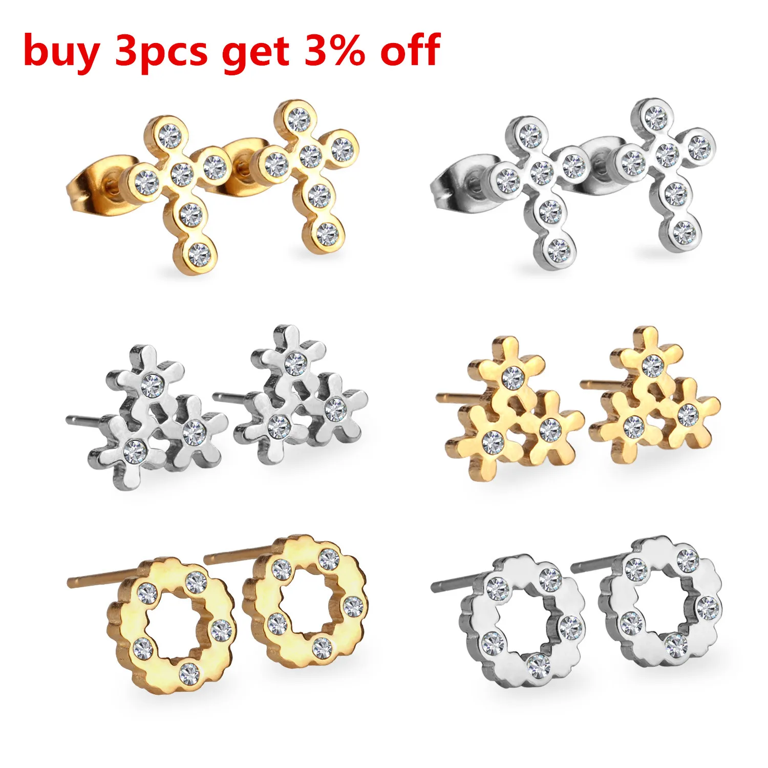 LUXUSTEEL 6pairs/box Cubic Zirconia Earring Sets Stainless Steel Mixed Color Cross/Flower/Round Shape Stud Earring Bijoux Ladies