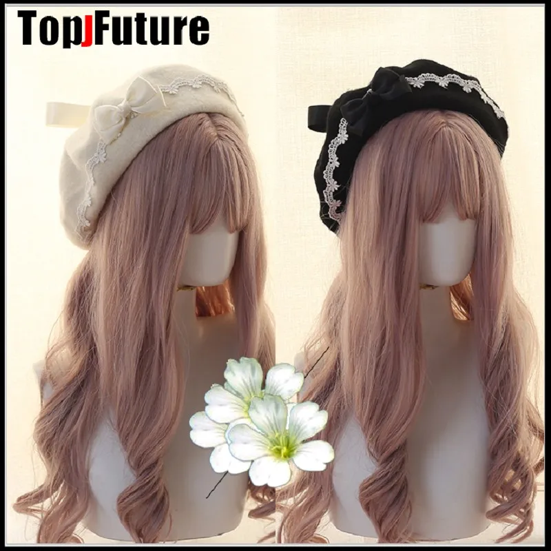 Japanese girl Kawaii Beret Hat Lolita Teenage heart Sweet Woolen Handmade Cute Lace Bowknot Warm  Winter Painter Hat Headdress