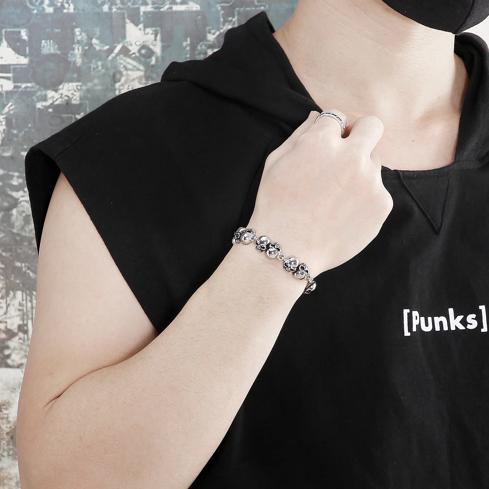 Fongten 21cm Skull Bracelets For Men Stainless Steel Chian Wristband Male Bangle Bracelets Gothic Skeleton Silver Color Jewelry