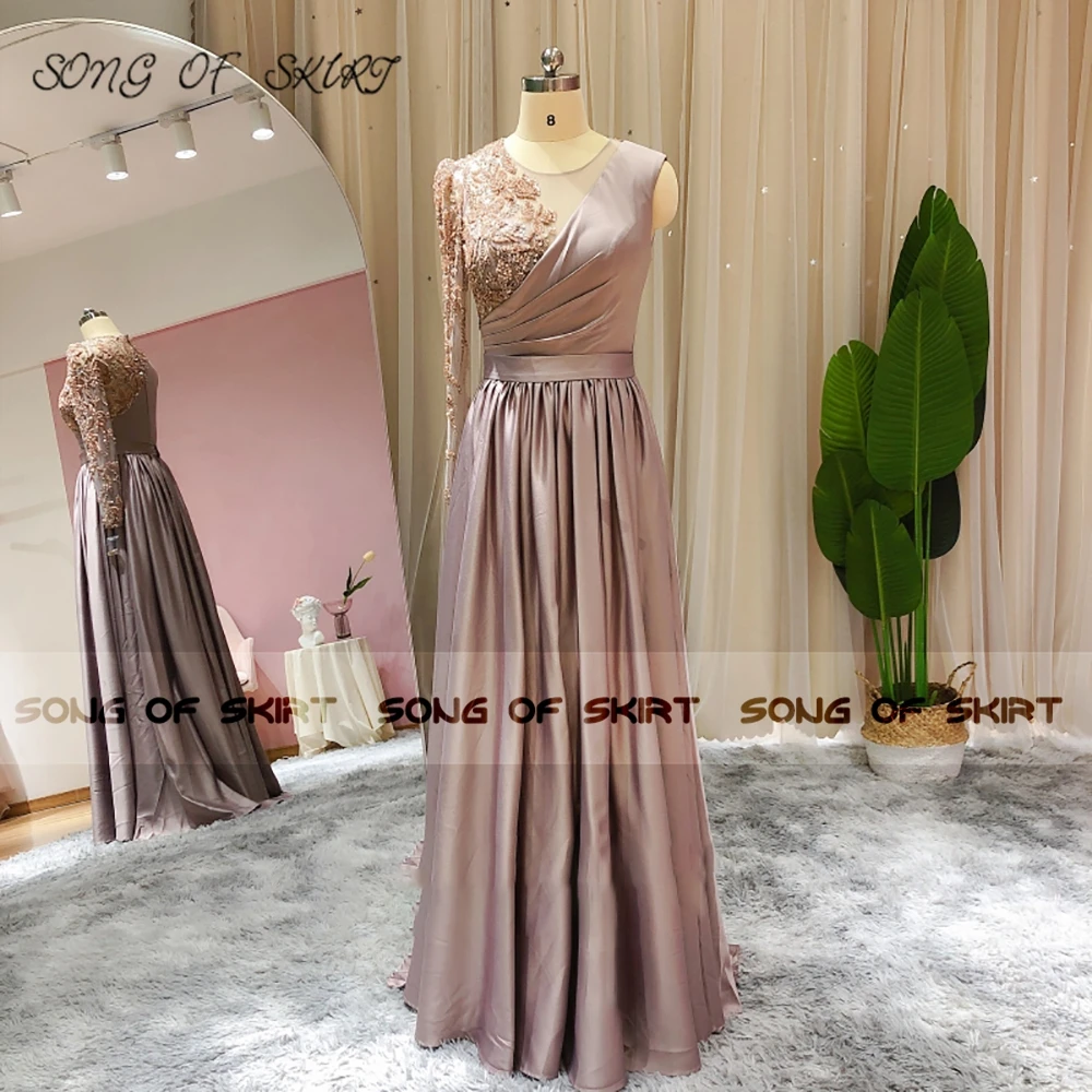 Golden O Neck Evening Dresses Sparkle Beaded  Sequin Satin Dubai Muslim Women Forma Prom Party Gown One Shoulder Robe De Soirée