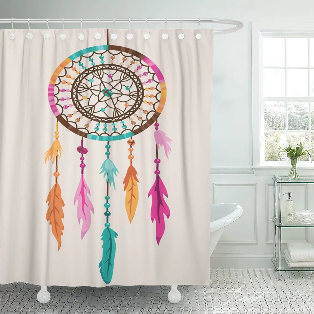 Feather Dream Catcher American Culture Catching Circle Fantasy Shower Curtain Waterproof Polyester Fabric 72 x 72 Inches Set