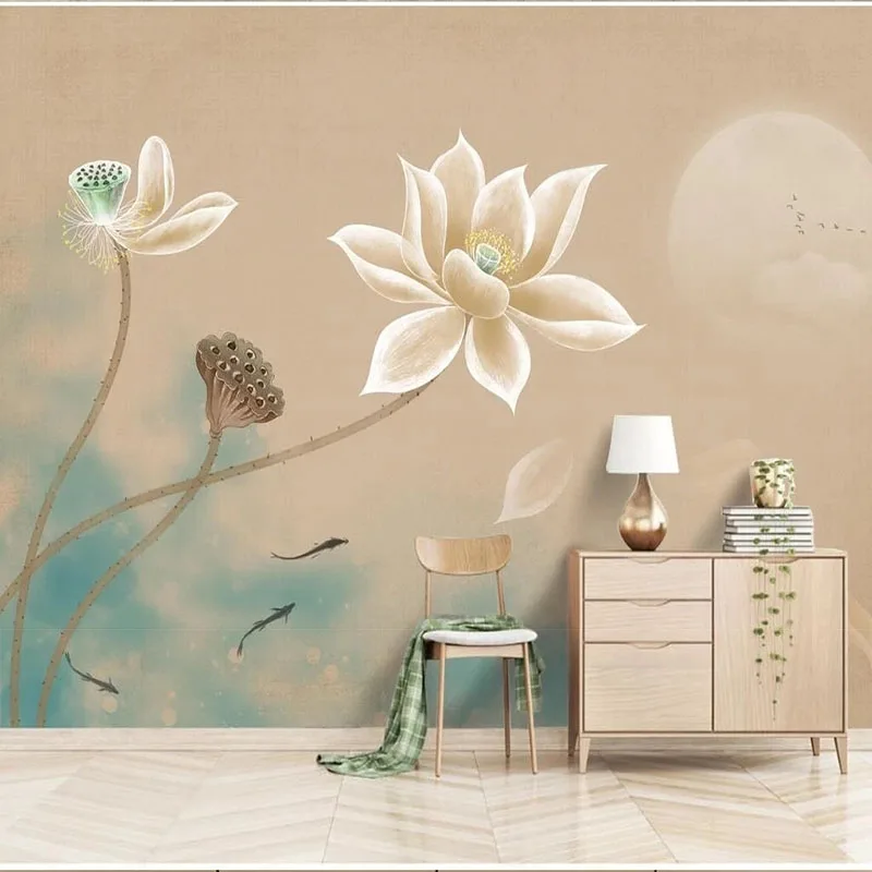 

3D Wallpaper Modern New Chinese Hand-Painted Lotus Ink Landscape Background Wall Self-Adhesive Waterproof Sticker Papel De Pared