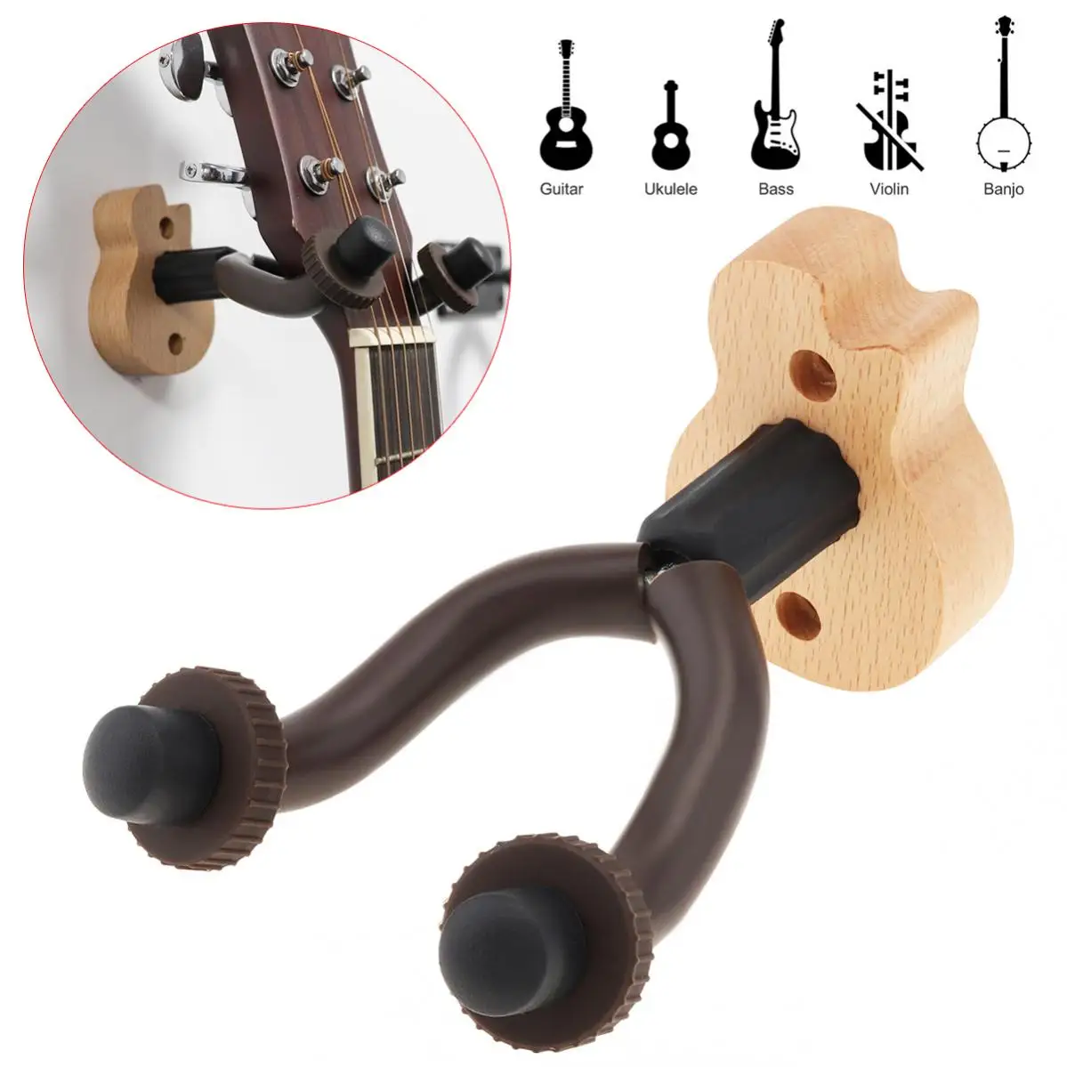 

Wall Mount Guitar Hanger Hook Holder with Wood Guitar Shape Base for Bass Guitar String Instrument