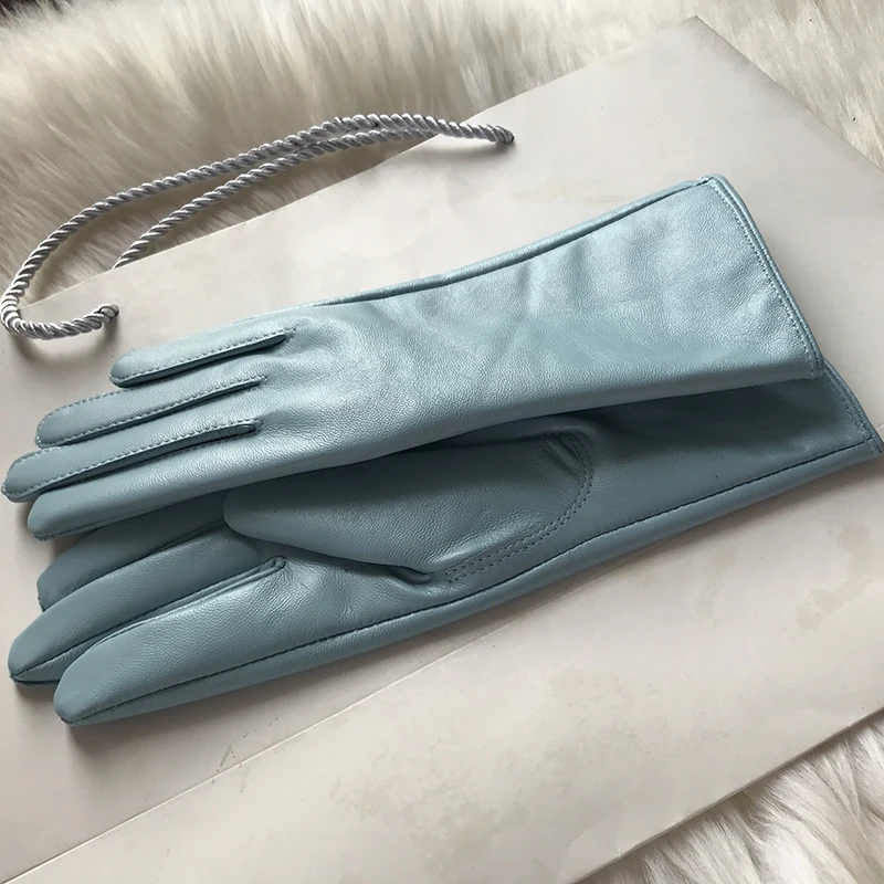 Genuine Leather Gloves 24cm Women Light Blue Thin Rayon Lining Straight Edition Style Men Pure Sheepskin Glove Color Driving