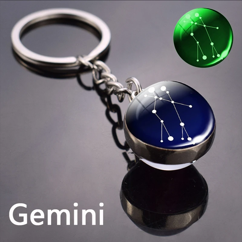 Glow In The Dark Zodiac Sign Keychain Scorpio Leo Cancer Aries Pisces Astrology Jewelry Glass Ball Crystal Keyring Birthday Gift