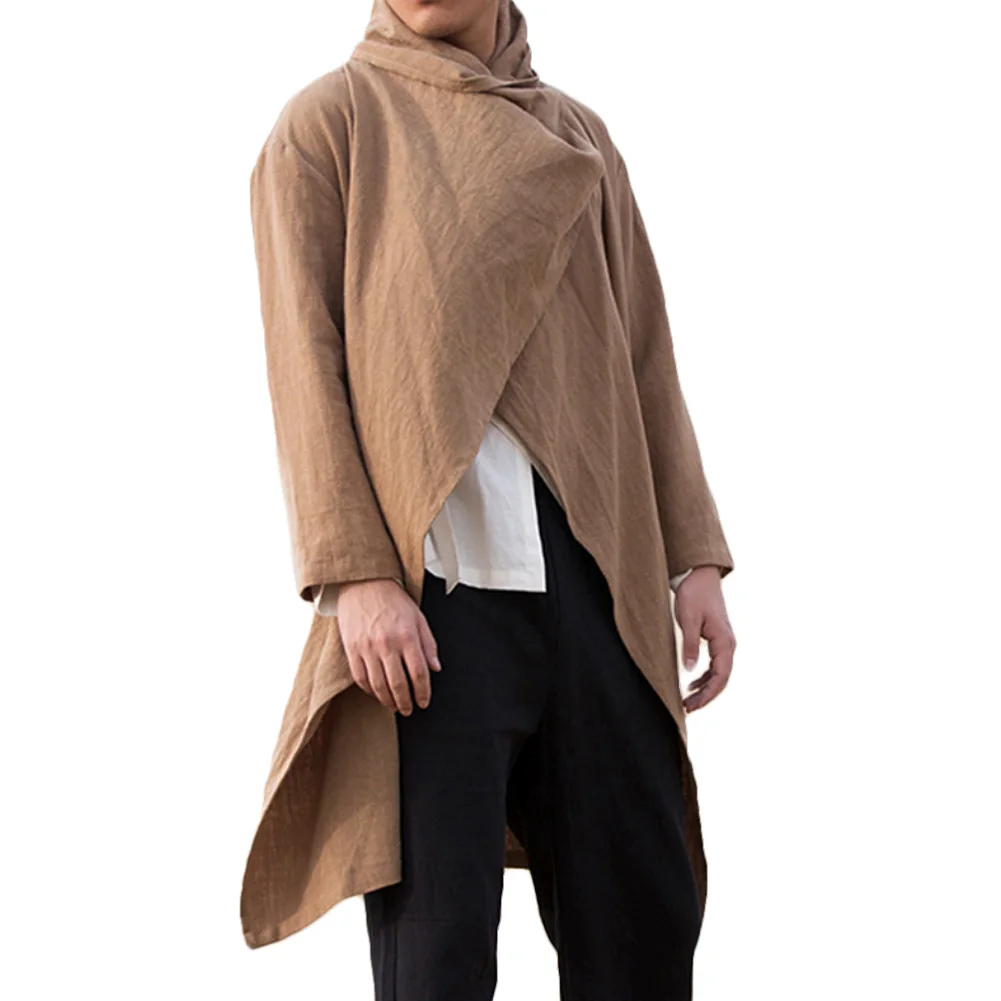 Combinaison à manches longues pour hommes, col écharpe, ponchos, vêtements d\'extérieur en coton, solide, Everak, vestes irrégulières vintage,