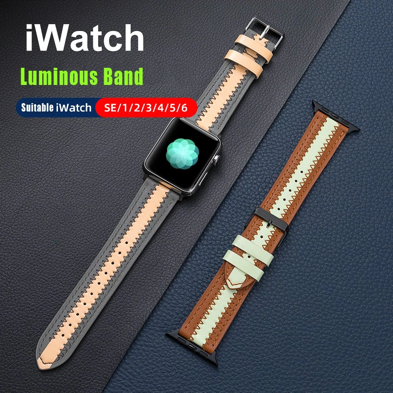 Luminous+Leather strap For Apple watch band 44mm 40mm 38mm 42mm 40 44 mm Unique Trend watchband bracelet iWatch serie 6 5 4 3 se