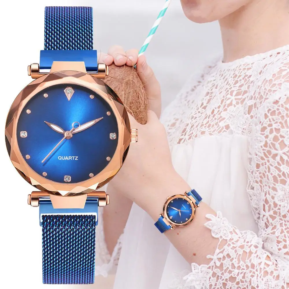 Relojes magnéticos de moda para mujer, pulsera de malla de acero, reloj de lujo con diamantes, reloj femenino