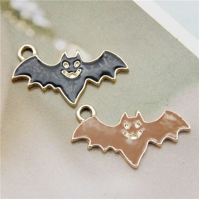 Julie Wang 6PCS Enamel Bat Charms Black Brown Cartoon Halloween Animal Pendants Alloy Necklace Bracelet Jewelry Making Accessory