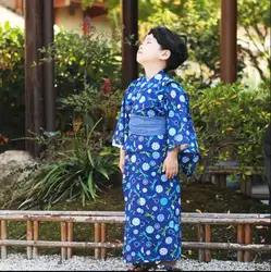 Traditional Japanese Boy Kimono Kids Yukata Daily Autumn Children Vintage Blue Robe Baby