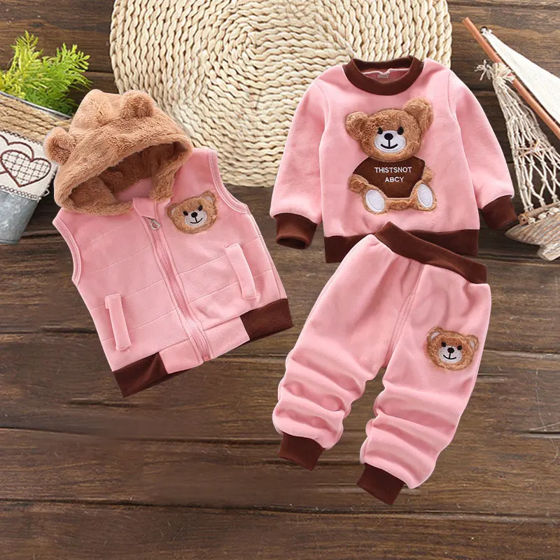 Children\'s Clothing Winter Suit 1 2 3 4 Years Toddler Boy Girl Fashion Fleece Thick Warm 3PCS Set Vest Hooded Tops Pants