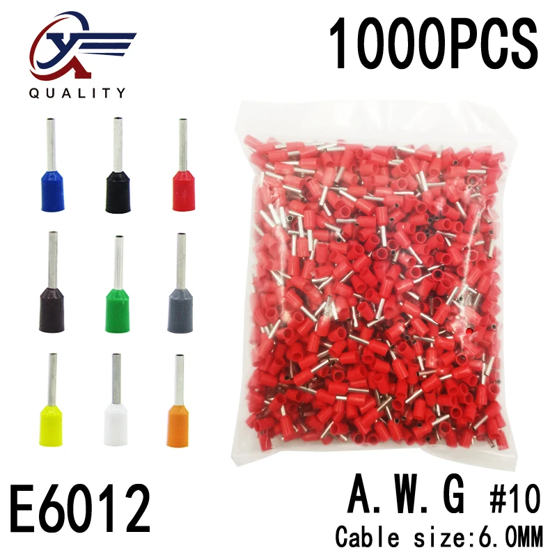 

1000pcs/Pack Block-Cord Terminal Insulated-Ferrules End-Wire-Connector Electrical-Crimp-Terminator Tubular-AWG E6012