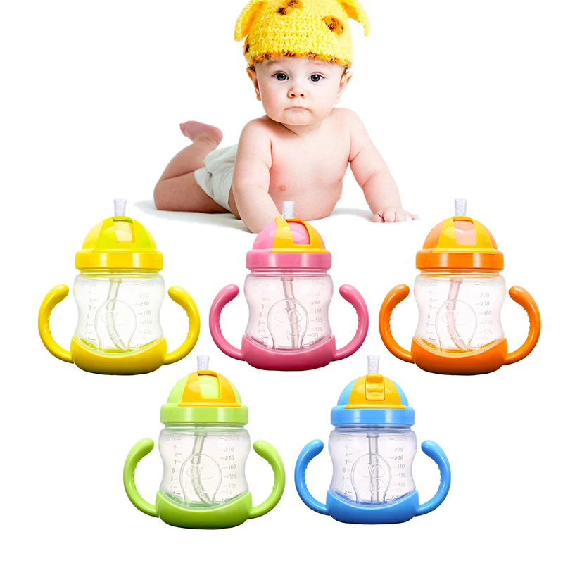 

New 280ml Baby Kids Cute Cup Children Learn Feeding Drinking Water Straw Handle School Drinking Bottle Feeding Silicone Sippy