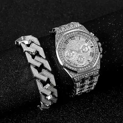 Horloge Met Armband Voor Mannen Cubaanse Ketting Mannen Armband Iced Out Horloge Voor Mannen Luxe Hip Hop Gouden Horloge Mannen set Religio Masculino