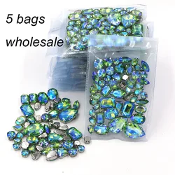 Hot sale Wholesale 5 bags mixed shape Green AB rhinestones glass crystal silver base sew on rhinestones diy clothing