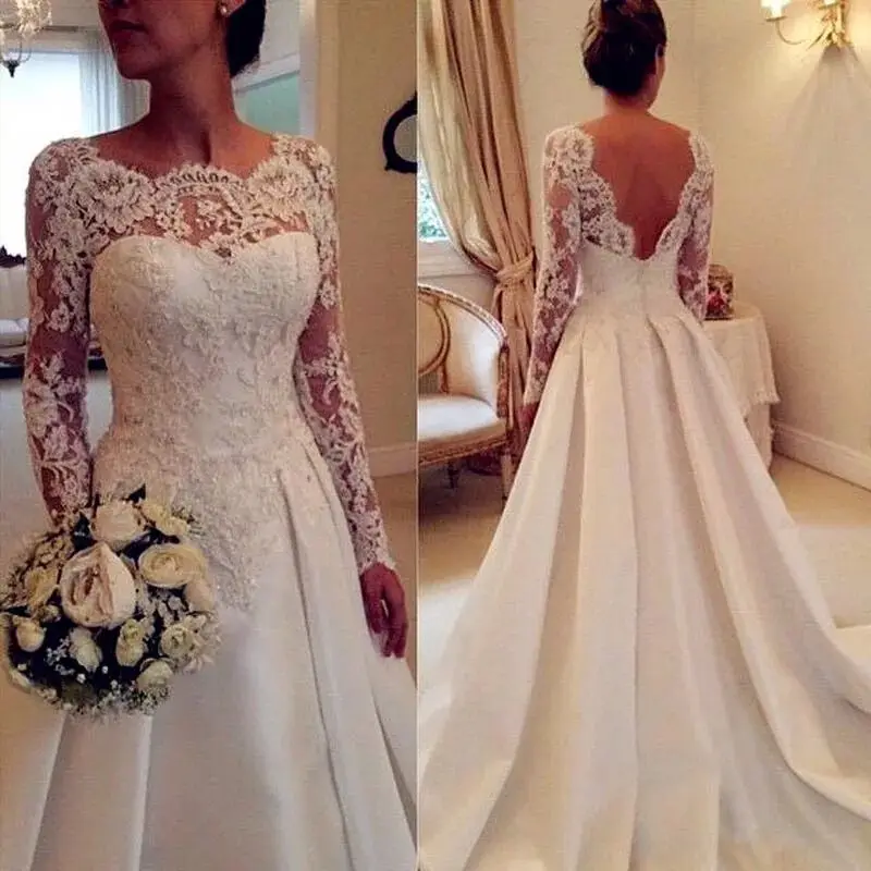 Vestido De novia De manga larga con cuello De joyería, corpiño con Apliques De encaje, tren De corte, espalda abierta, Sexy