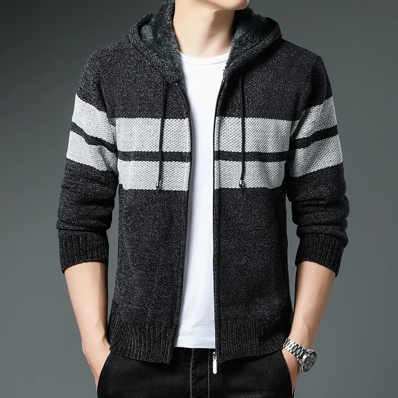 Men\'s Jacket Autumn Winter New Fleece Thick Knit Cardigan Warm Sweaters Coat Korean Hoodies Loose Casual Hooded Striped Sweater