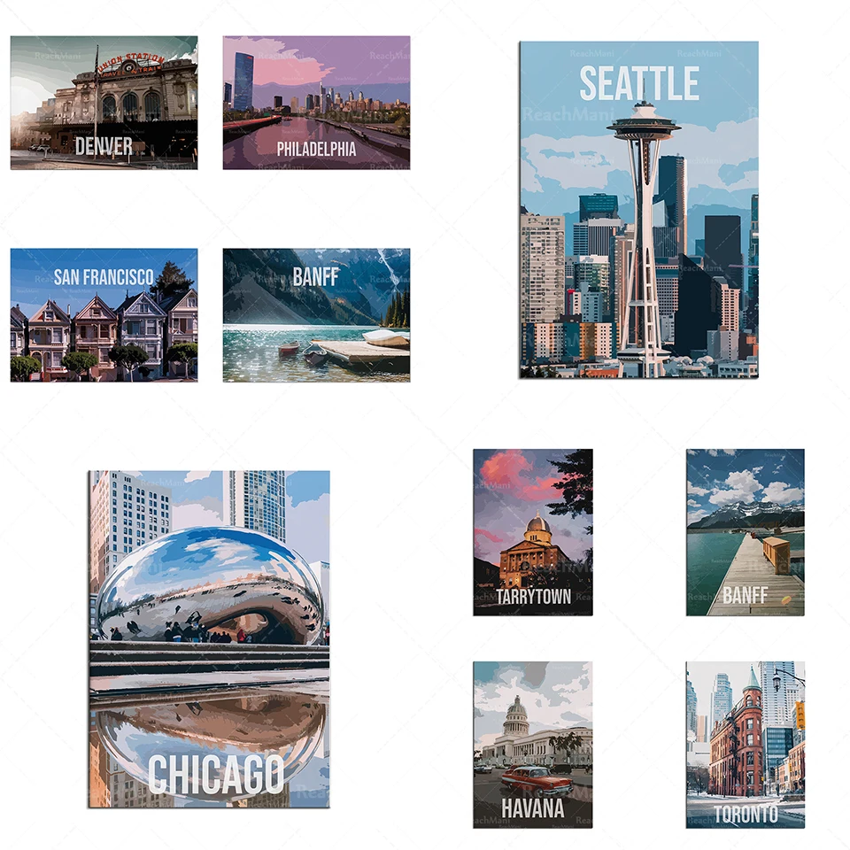 Seattle, Vancouver, Chicago, San Francisco, Toronto, Havana, Banff National Park, Tarrytown Green Fort tourist landscape poster